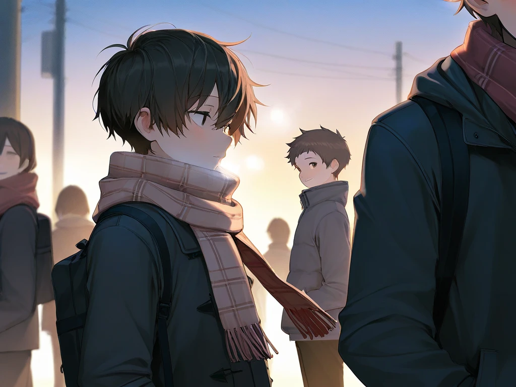 (( top quality )), ((masterpiece)), (  Details),  two boys ,  scarf,bustling street,dusk,rule of thirds,Over the shoulder of the brown-haired boy,slim,student,black hair,brown hair,Two people meet,winter