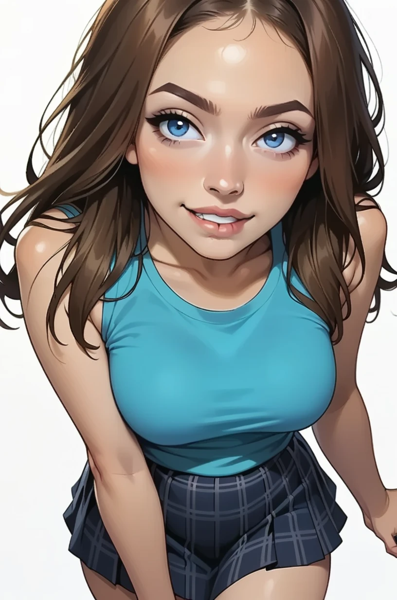  Cartoon of a girl , Alone, Sensual, rascal,  Blue Eyes, ((( long brown hair , straight hair))Blue tank top, Black plaid pleated skirt, medium breast,  biting lips, thighs, standing, ( white background)
