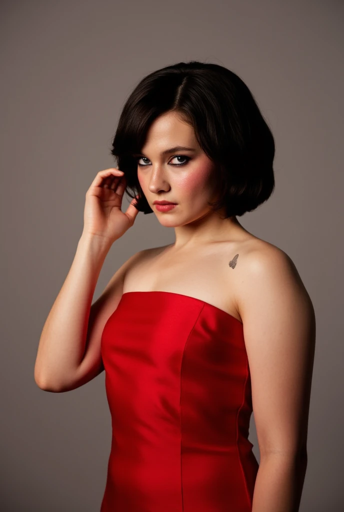 posing frontally, seductive, serious face, dark makeup, red strapless dress, black bob cut hair, fixing hair, fierce glare, serious face, 