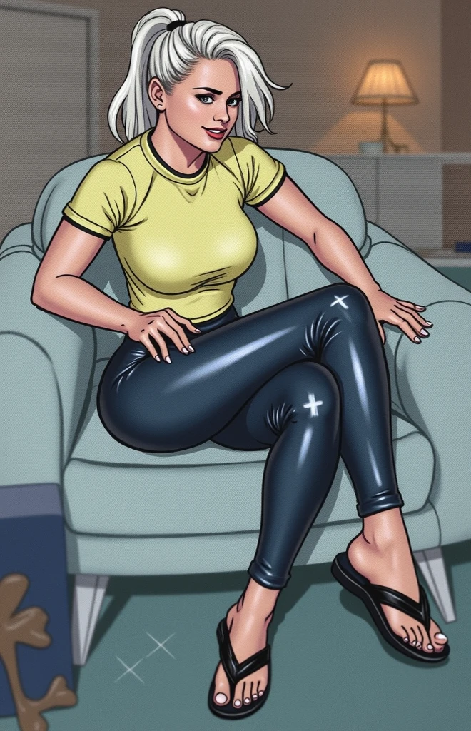 Buff blonde woman sitting on the couch in white tanktop and blue cotton panties, realistic art style, detailed wrinkles