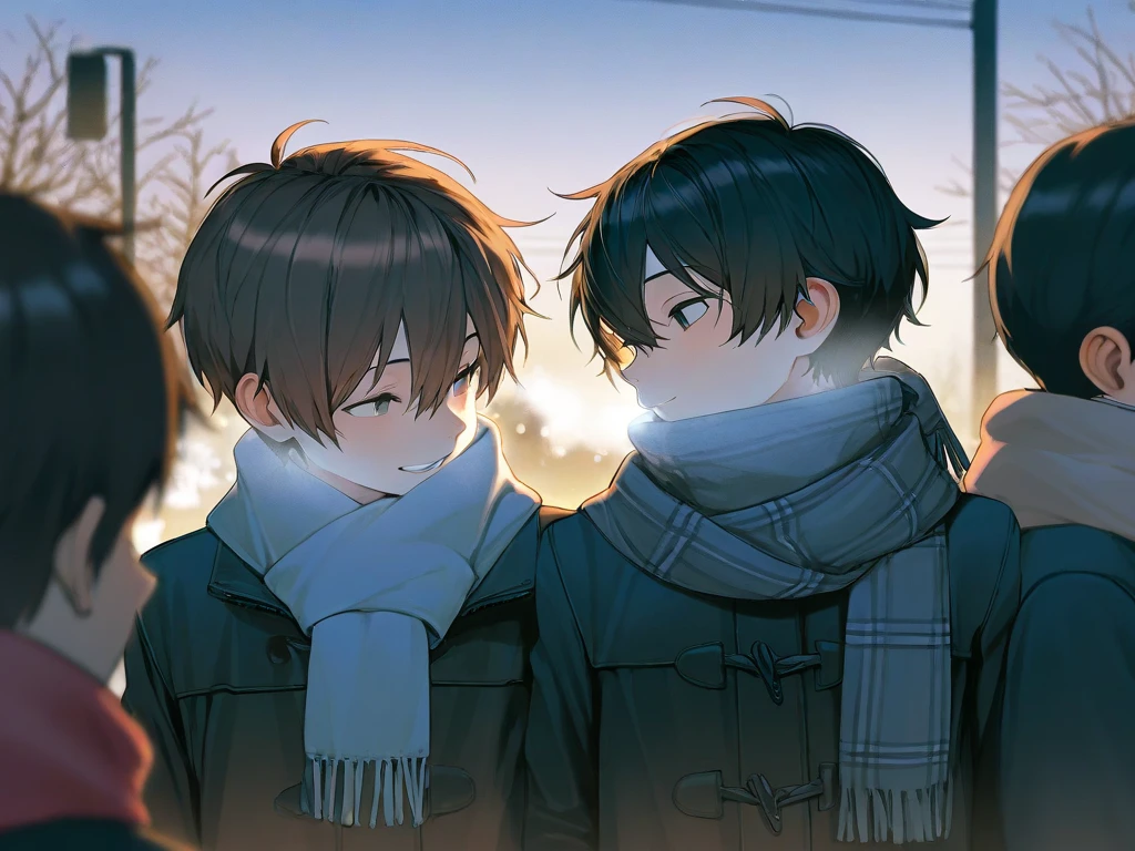 (( top quality )), ((masterpiece)), (  Details),  two boys ,  scarf,bustling street,dusk,rule of thirds,Over the shoulder of the brown-haired boy,slim,student,black hair,brown hair,Two people meet,winter,canted angle 