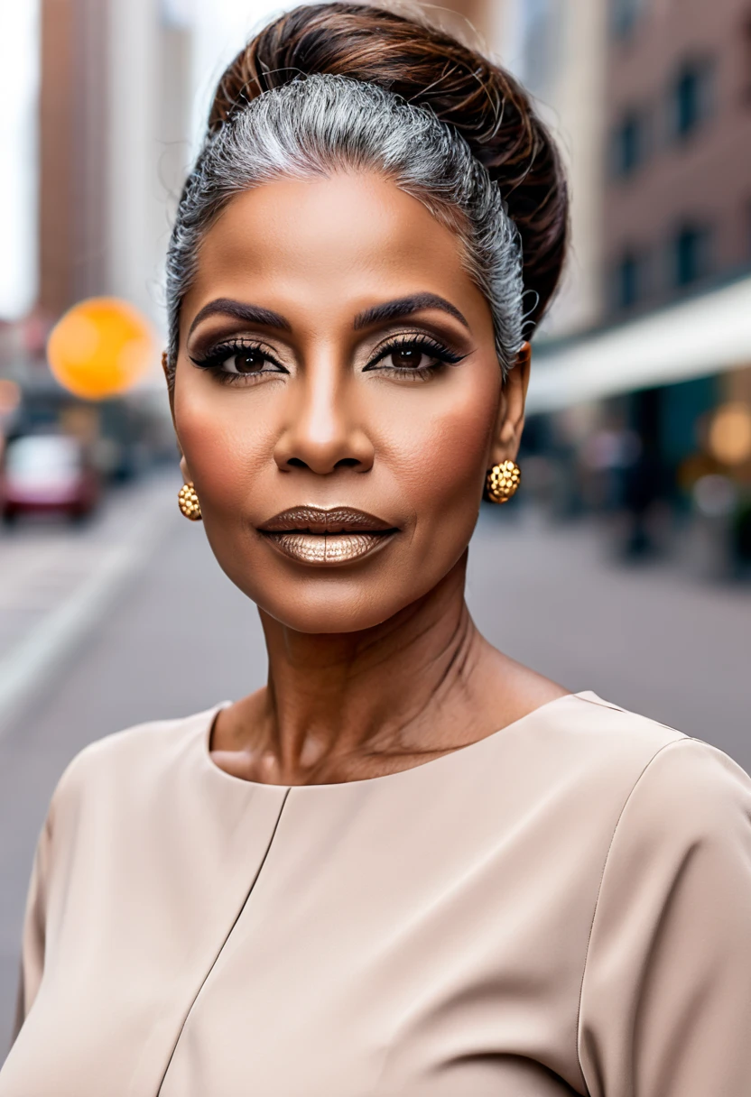 Kind, Dark-skinned Arab woman with white hair, white eyebrows, yellow eyes, large breasts, shortstack, strong, athletic, fit, white hair tied with a yellow ribbon. Wears yellow shirt tied, brown jeans, lots of gold jewelry and navel piercing. She is standing in front of a Victorian greystone row house in Chicago.