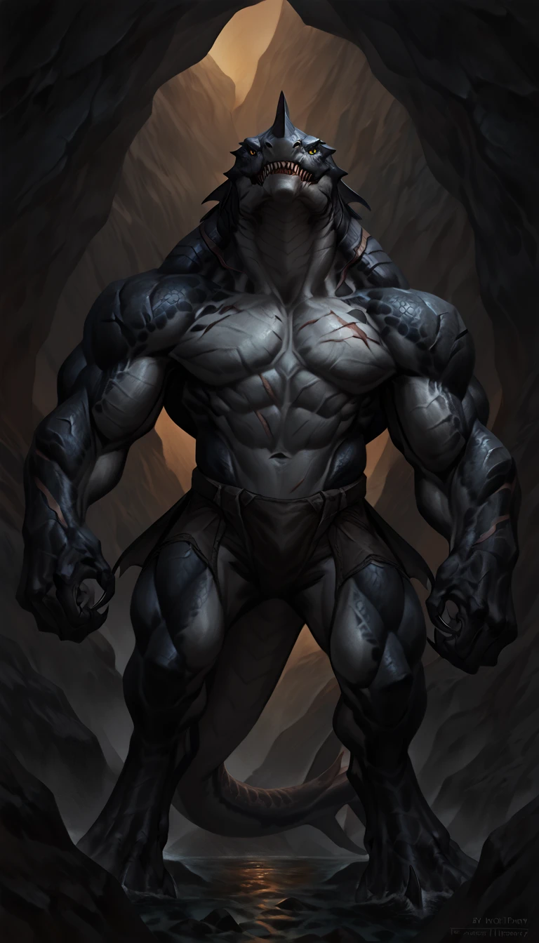 sharkfolk, anthro shark, solo, machina, portrait, scaly, detailed skin, experienced predator, monster, grin, gray body, black arms and back, matte body, toned, muscular anthro, big muscles, scars on body, 1male solo, anthro, muscular, thick neck, thick tail, strong arms and legs, sharp fins, pants, marked jaw, shark snout, water cave scenery, horror, best quality, 4k, ultra-detailed, by laobai, by taran fiddler, by honovy