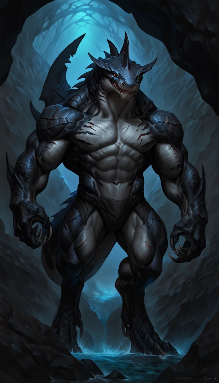 sharkfolk, anthro shark, solo, machina, portrait, scaly, detailed skin, experienced predator, monster, grin, gray body, black arms and back, matte body, toned, muscular anthro, big muscles, scars on body, 1male solo, anthro, muscular, thick neck, thick tail, strong arms and legs, sharp fins, pants, marked jaw, shark snout, water cave scenery, horror, best quality, 4k, ultra-detailed, by laobai, by taran fiddler, by honovy