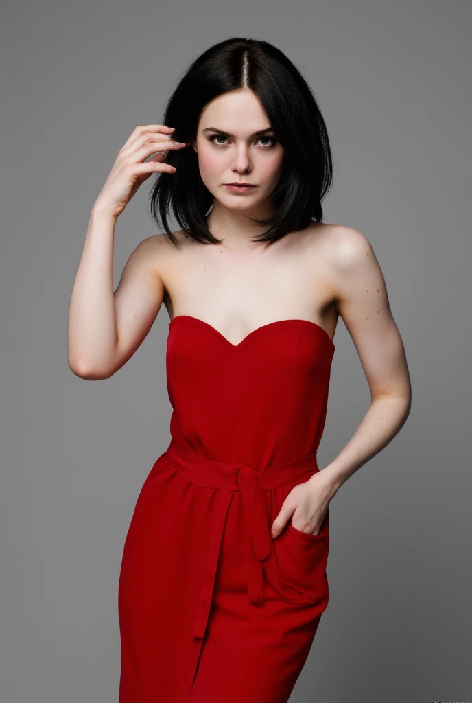 posing frontally, seductive, serious face, dark makeup, red strapless dress, black bob cut hair, fixing hair, fierce glare, serious face, 