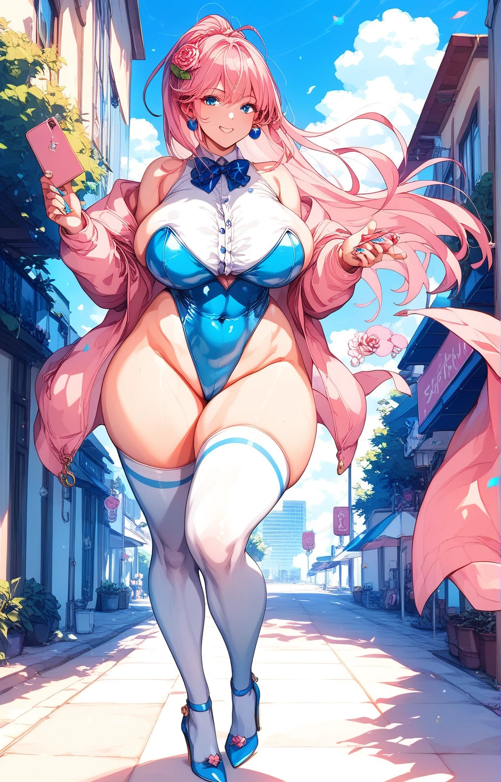  Pink ハイレグ leotards 　 ピンク髪 ストレートロングhair　 Big Breasts 　 big thighs　 white stockings   　 high heels　　outside　In the city　    leotards　the front  ハイレグ leotards　 leotards