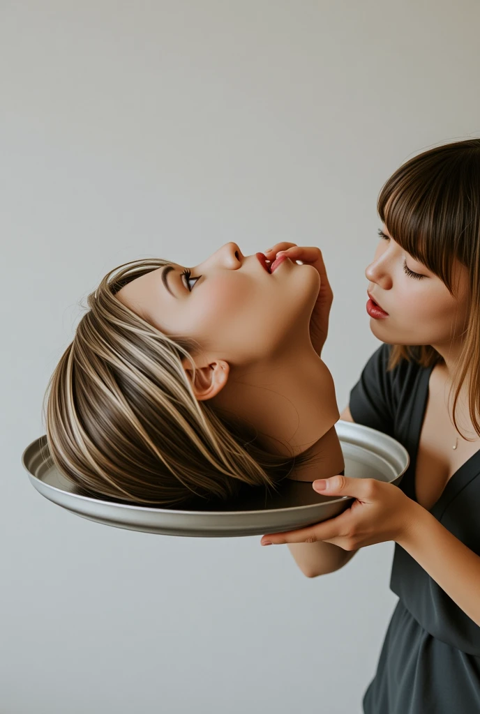 An outstretched arm holds a silver tray. On the silver tray there is a disembodied, tilted head of a beautiful young woman. The head lies on the tray tilted to one side. No neck, no shoulders, just the head. She has beautiful, straight, thick, smooth, silky, dark blonde bob, with bangs. Her face is filled with fear. Her eyes and mouth are wide open. Another young woman is grabbing the dead woman's hair with both hands, pulling her head back, kissing and licking the dead woman's mouth. The young woman has beautiful, straight, thick, smooth, silky, dark blonde bob hair, with bangs. The background is light.