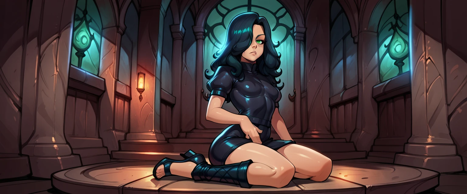 score_9,score_8_up,score_7_up,
evelinexl,green eyes,long hair,black hair,looking at viewer,hair over one eye, expressionless,  
black dress,short sleeves, looking at viewer, 
dark house,dark lighting,reiq art style,wearing open toe boots