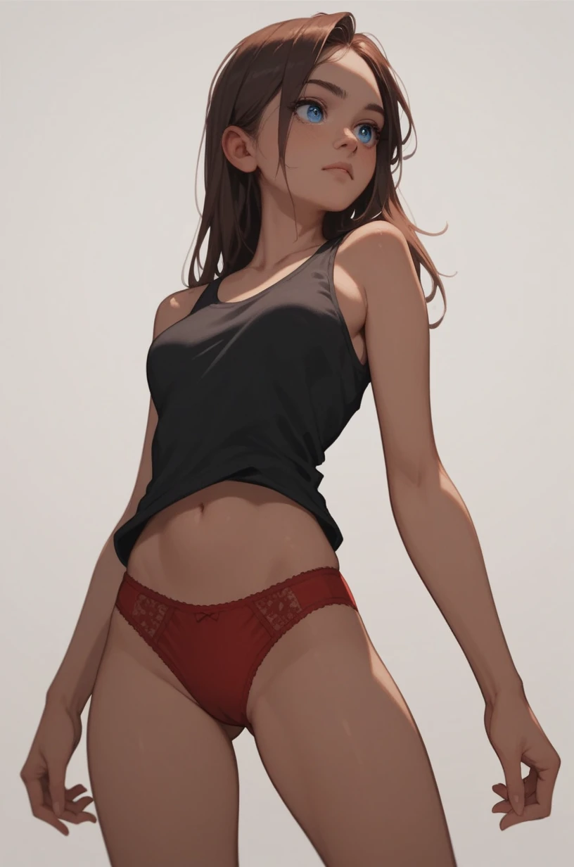  Cartoon of a girl , Alone, Sensual, rascal,  Blue Eyes, ((( long brown hair , straight hair)),black tank top and red panties, medium breast, sorriso rascal, thighs, standing, ( white background)
