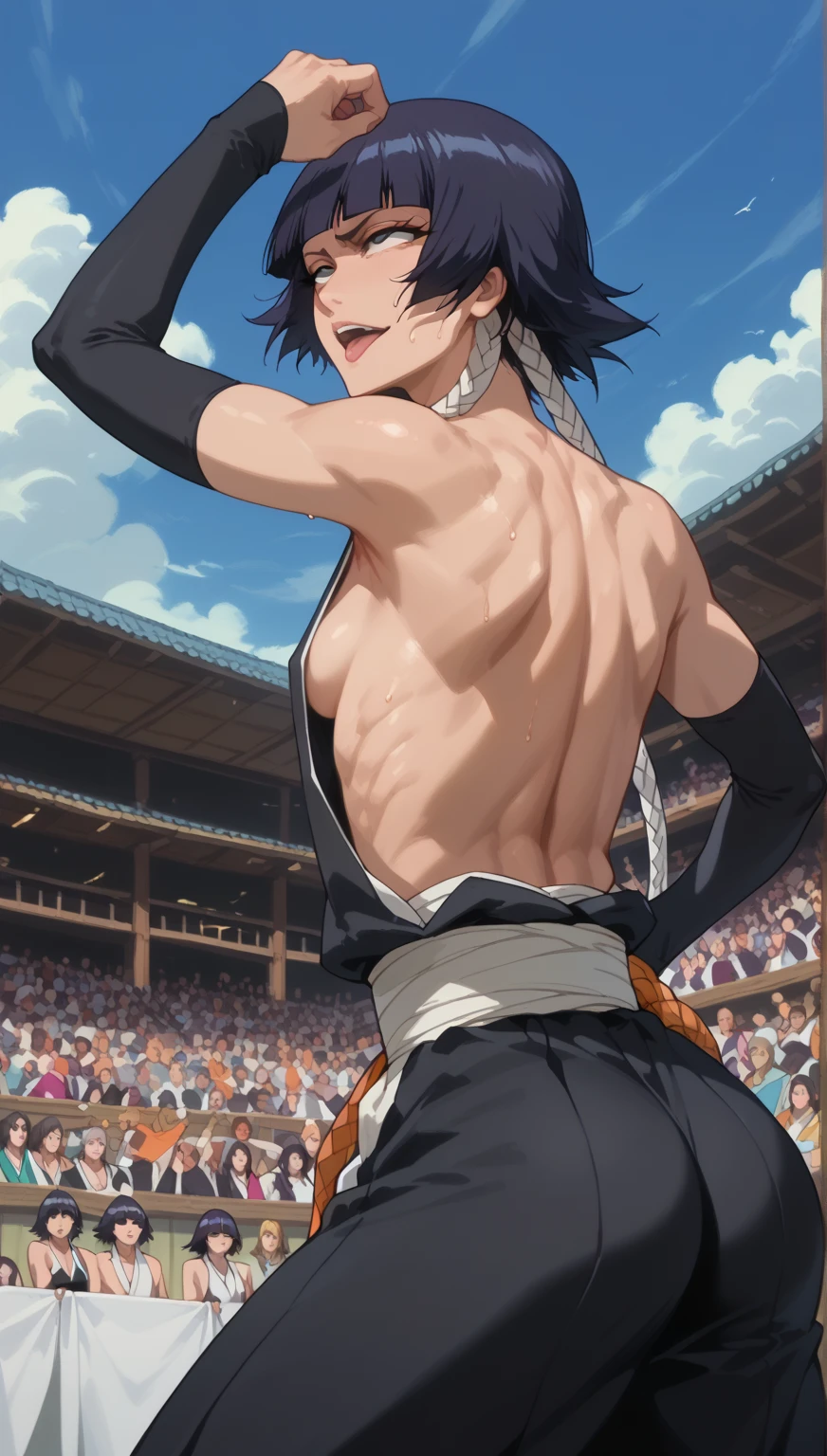 whole body、、     sweated、   、close-up、、、Soi Fon、 、Bleach、Bleach、Black Hair, 1girl, breasts, soifon, japanese clothes, sideboob, hip vent, detached sleeves, bare shoulders, small breasts, arms up,  seductive smile, seductive eyes, back view, back, sexy back, ass, open mouth, more sweat, Rolling eyes, white eyeballs,For the audience, Looking at the audience, tired, From below, (muscle :1.2) , kneeling, (small breasts) . 