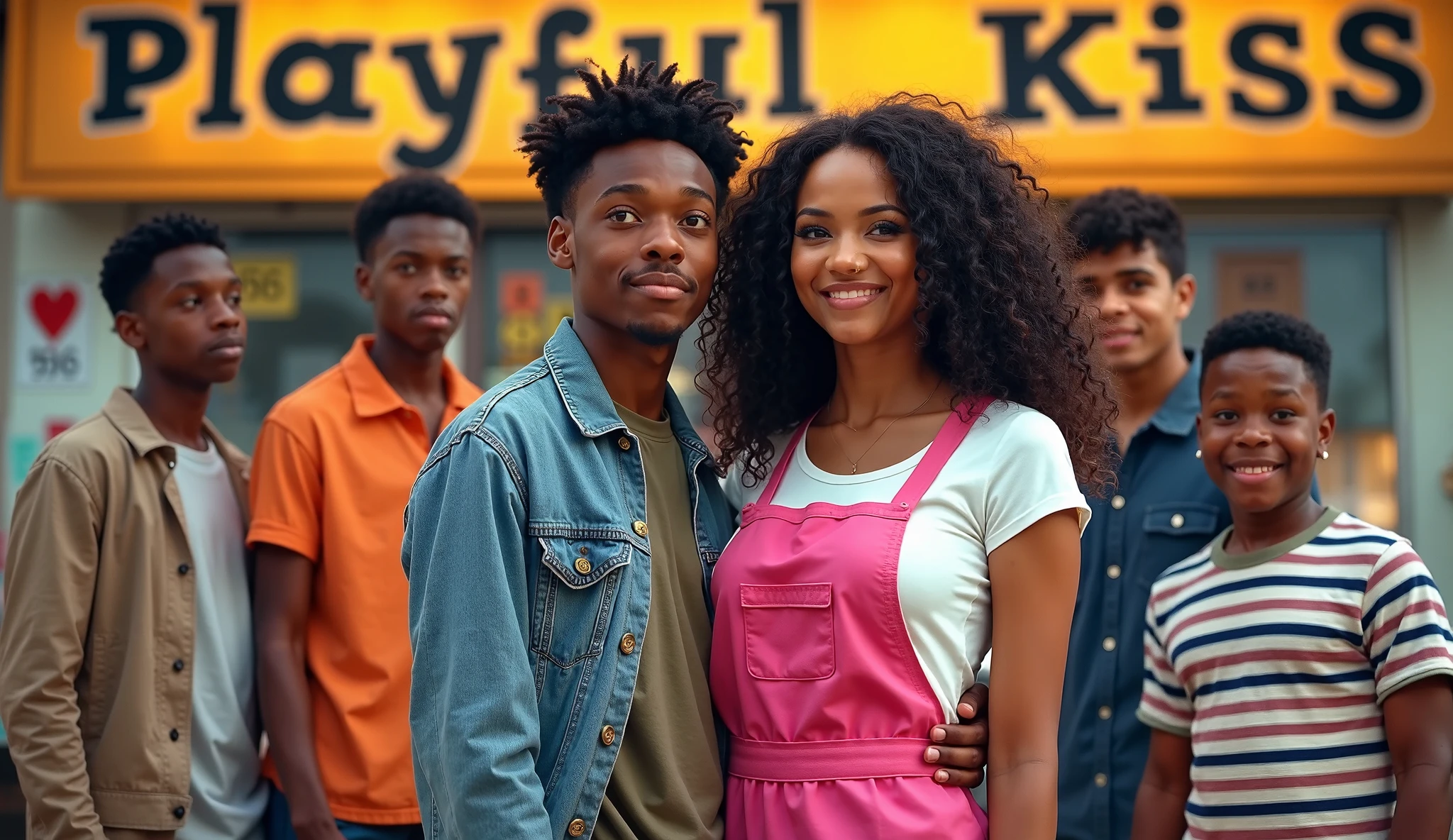 Two African boys , pretty, happy faces, and free , buying oranges at a vegetable open-market,  cindarella -like,futuristic, marvel style , Fantasy medium-long-shot