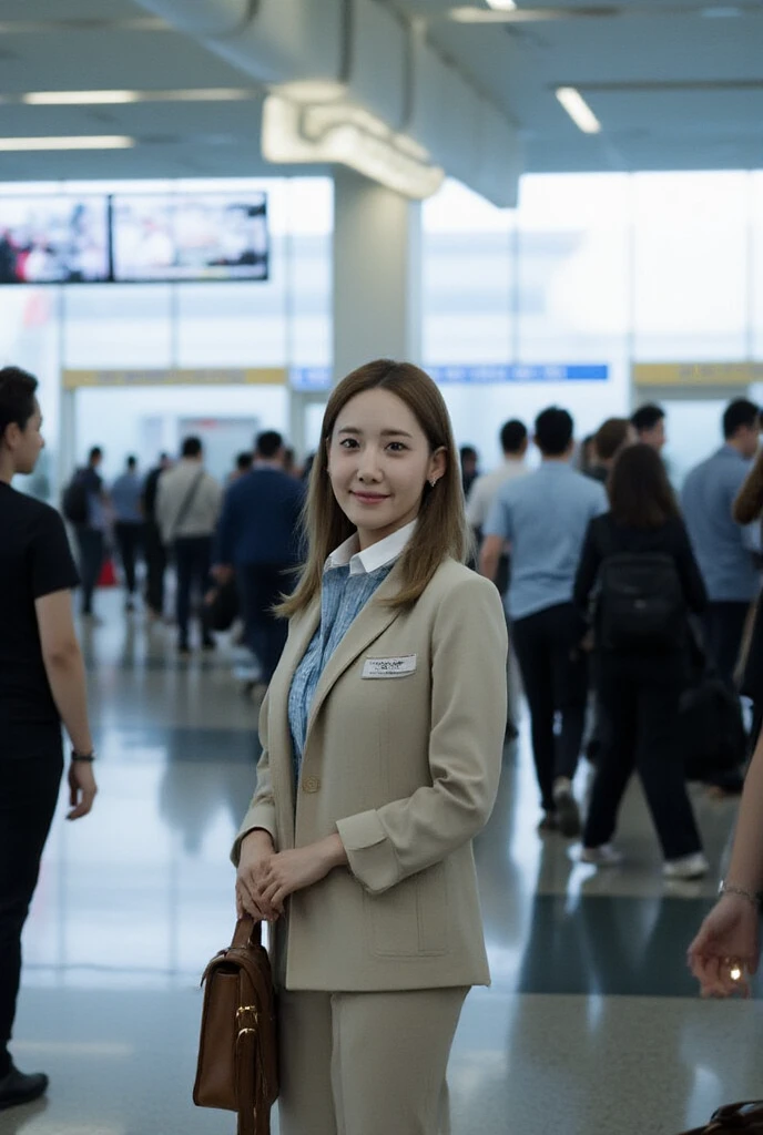 korean woman standing and smiling at the crowded airport.