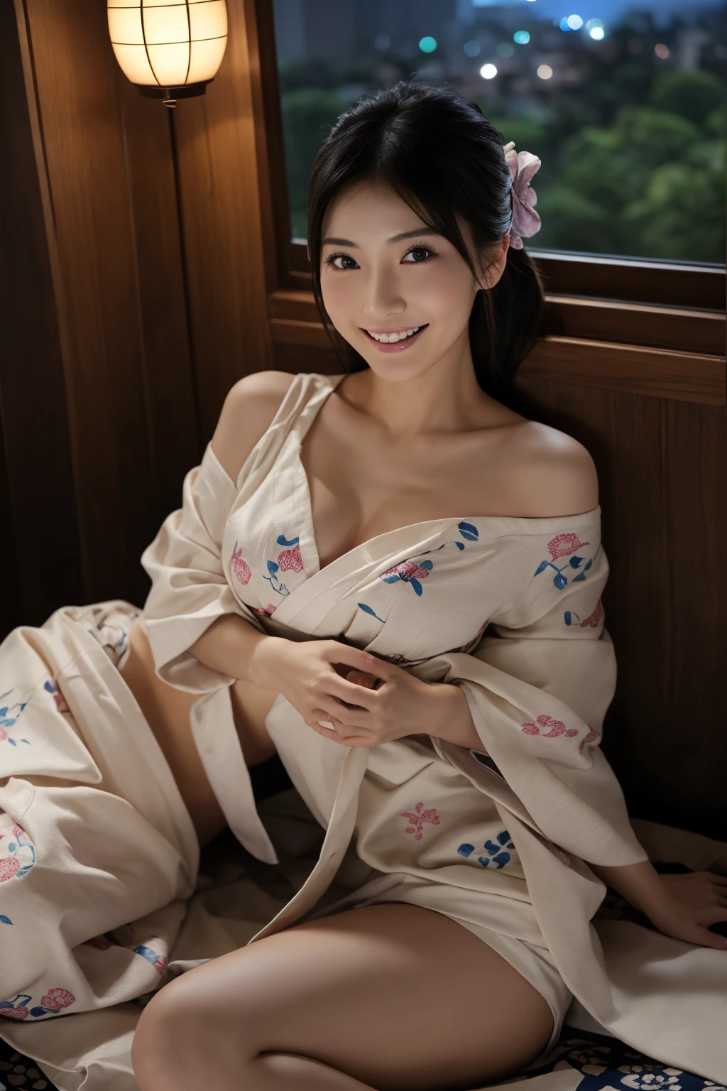 Hotel with a night view、((( ベッドの上に座っている))), A window on one side 、Beautiful Mature Woman VN03, Bewitching beautiful mature woman、well-proportioned figure、The figure of the hourglass、((( Kimono with traditional Japanese patterns ))),((( Yukata with traditional Japanese patterns ))),Shoulder out、  clavicle  、 J cup big breasts、model in Japan、Japan sensual woman, Gorgeous Japan Woman, goddess of Japan, A smile、Raw photo, (in 8K、top-quality、​masterpiece:1.2)、(intricate detailes:1.4)、(Photorealsitic:1.4)、octane renderings、Complex 3D rendering ultra detail, studio lights, Rim Lights, vibrant detail, super detailing, realistic skin textures, Detail Face, Beautiful detail eyes, Very detailed CG Unity 16k wallpaper, make - up, (detailedbackground:1.2),　shinny skin、
Hotel with a night view、((( ベッドの上に座っている))), A window on one side 、Full Body Shot、Erect nipples
Absurd, RAW Photos, Very delicate and beautiful, masterpiece, highest quality, Ultra-high resolution, 16k, Surreal, Very detailed, Very detailed CG 8k wallpaper, Beautiful lighting, Perfect Lightning, A happy smile、Realistic Shadows, Perfect Anatomy, Very detailed肌, Perfect figure, Japanese women, 1 adult female、very slim figure, Tight waist, very small head, Handsome detailed woman, Very detailed目と顔, Realistic Face Proportions, Stunning eye for detail, Realistic beautiful face, Very small face, Realistic small beautiful eyes, double eyelid, compensate, Tearful mole, Mole on chest, Earrings, barefoot, beautiful and very thin legs, Beautiful and very slim thighs, (((Very big Jカップ round breasts))), long  hair, Wavy Hair, Sweat, (Full Body Shot), (((((One girl)))))、(((((恥ずかしがっている))))) , (((((照れている)))))