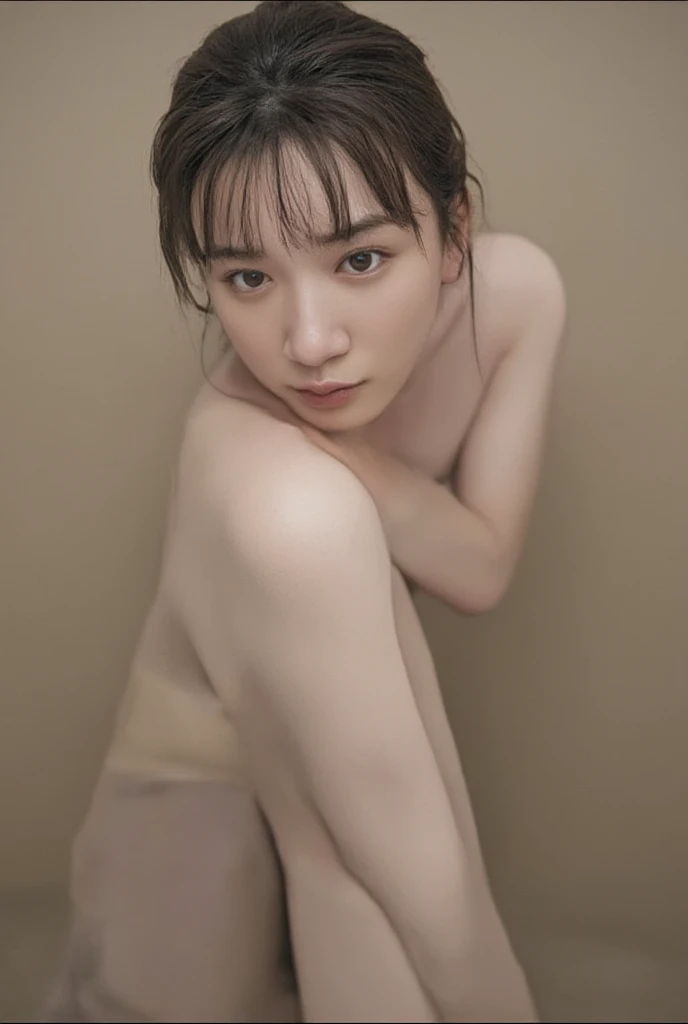 brown eyes, completely nude, nipples, Navel, short hair 