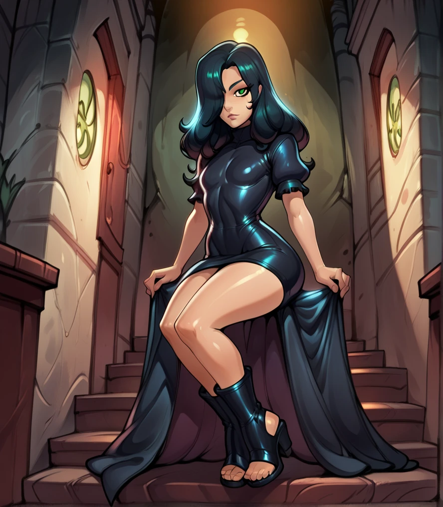 score_9,score_8_up,score_7_up,
evelinexl,green eyes,long hair,black hair,looking at viewer,hair over one eye, expressionless,  
black dress,short sleeves, looking at viewer, 
dark house,dark lighting,reiq art style,wearing open toe boots