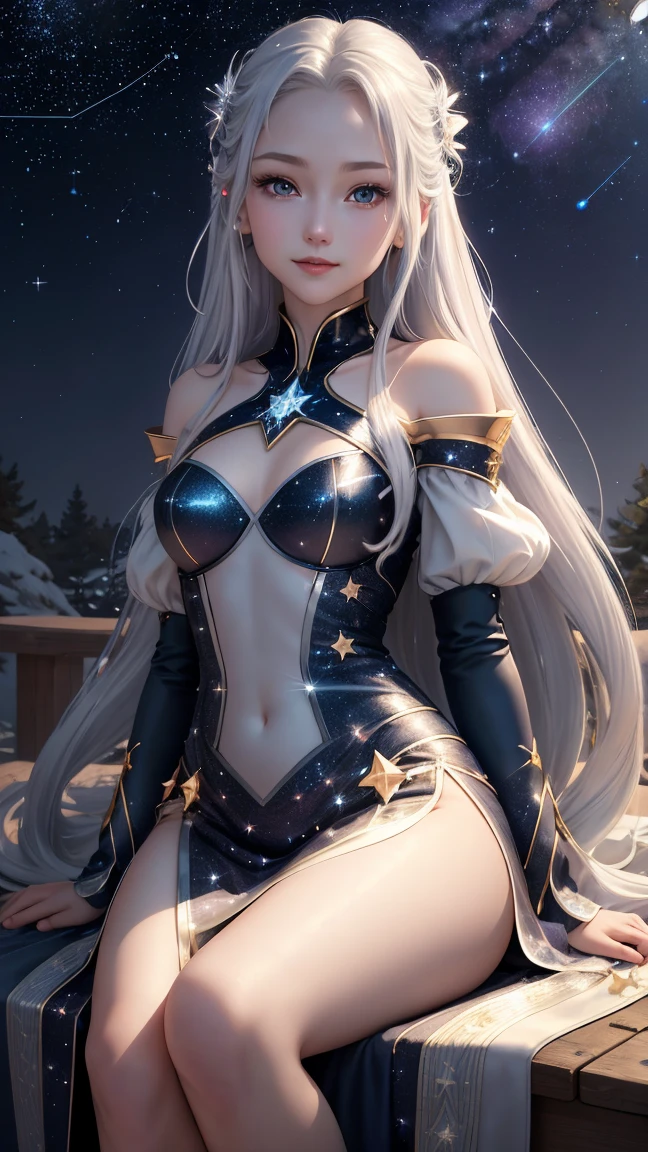 absurdres,masterpiece,HQ,4k,HDR,best quality,1girl at center screen with beautiful face,white hair,(black costume:1.2),deep dark,bangs,breasts,eyebrows visible through hair,hair ornament,light particles,long hair,looking at viewer,medium breasts,dune surface,solo,space,star (sky),starry sky,twintails,very long hair,yellow eyes,(lora:luna:0.9),transparent,see-through,(Background Giedi Prime Dune:1.0),(innocent face:1.1),beautiful eyes,volumetric lighting,real shadows.