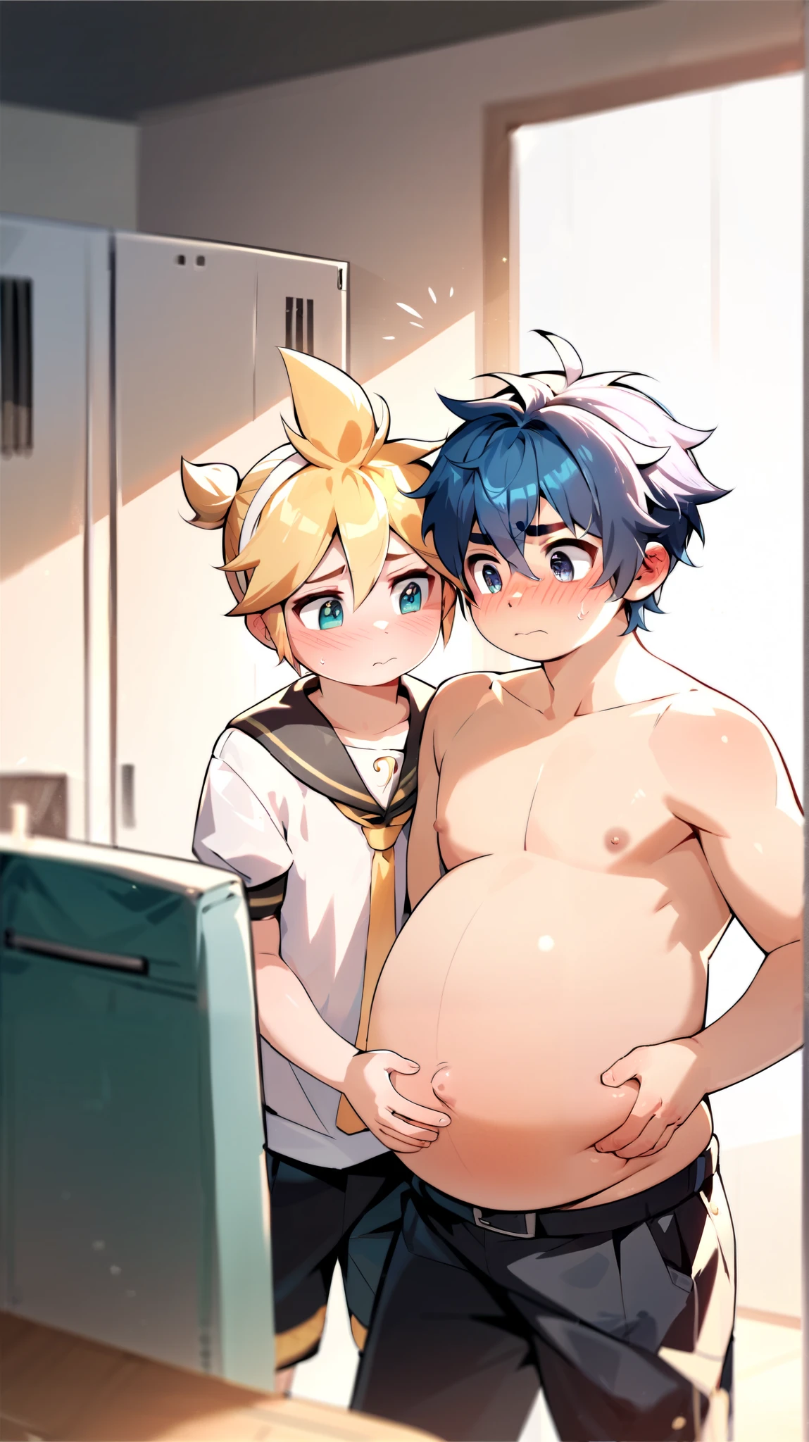  2boys, (yaoi couple), (male ren), (duo focus), fat and pregnant, standing in the changing room, rubbing each other's belly, facing another, Break, Kagamine Len, obese, cute, shirtless, chubby body, face blushed, embarrassed, Break, blue hair color, school uniform, round cheek, pregnant belly exposed