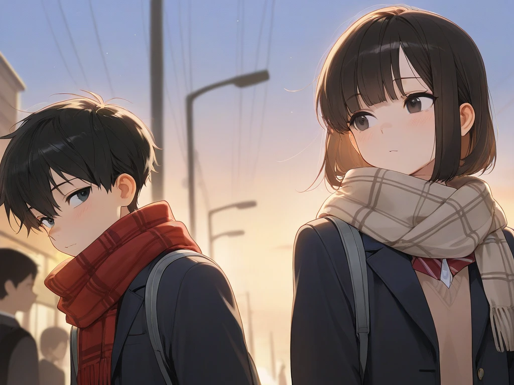 (( top quality )), ((masterpiece)), (  Details), A boy with a brown bob cut,A boy with a black hair,  scarf,bustling street,dusk,rule of thirds,Over the shoulder of the brown-haired boy the black-haired boy,slim,student,black hair,Two people meet,winter