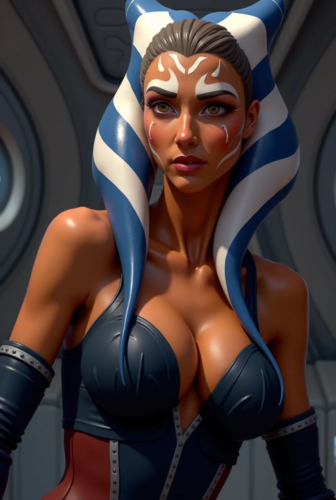 Tall, Red Skin Twi'lek with (naked, huge breasts), huge breasts, tall, graceful, (tall), slim hips, small waist, arched back, looking over her shoulder, back view, lithe, sinuous, sexy, backboob, sideboob