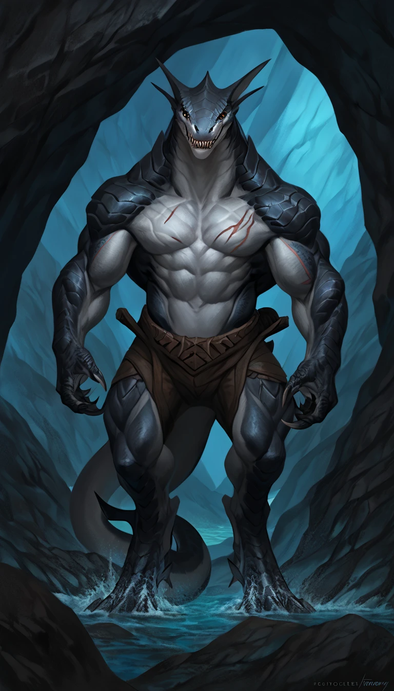 sharkfolk, anthro shark, solo, machina, scaly, detailed skin, experienced predator, monster, grin, gray body, black arms, matte body, toned, muscular anthro, big muscles, scars on body, 1male solo, anthro, muscular, thick neck, thick tail, strong arms and legs, sharp fins, pants, marked jaw, shark snout, water cave scenery, horror, best quality, 4k, ultra-detailed, by laobai, by taran fiddler, by honovy, mecha corrupted, predatory pose