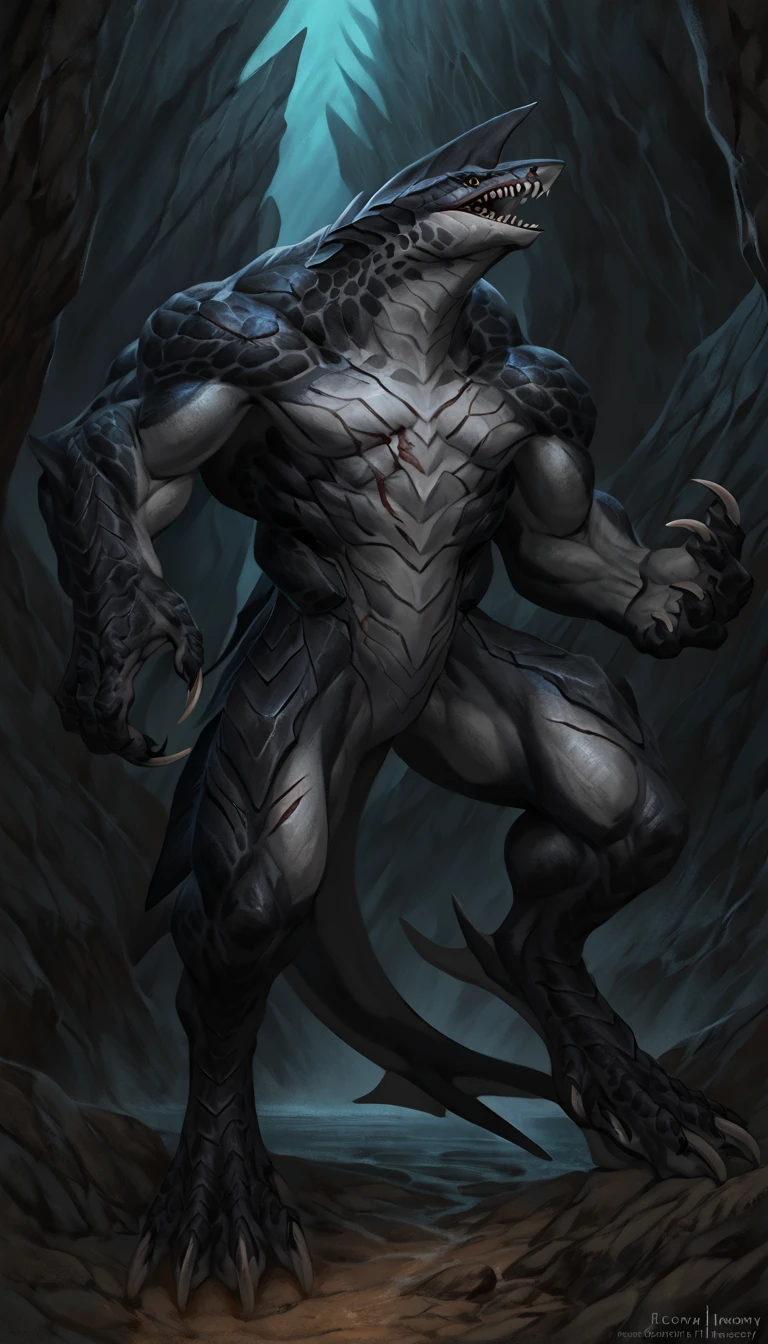 sharkfolk, anthro shark, solo, machina, scaly, detailed skin, experienced predator, monster, grin, gray body, black arms, matte body, toned, muscular anthro, big muscles, scars on body, 1male solo, anthro, muscular, thick neck, thick tail, strong arms and legs, sharp fins, pants, marked jaw, shark snout, water cave scenery, horror, best quality, 4k, ultra-detailed, by laobai, by taran fiddler, by honovy, mecha corrupted, predatory pose