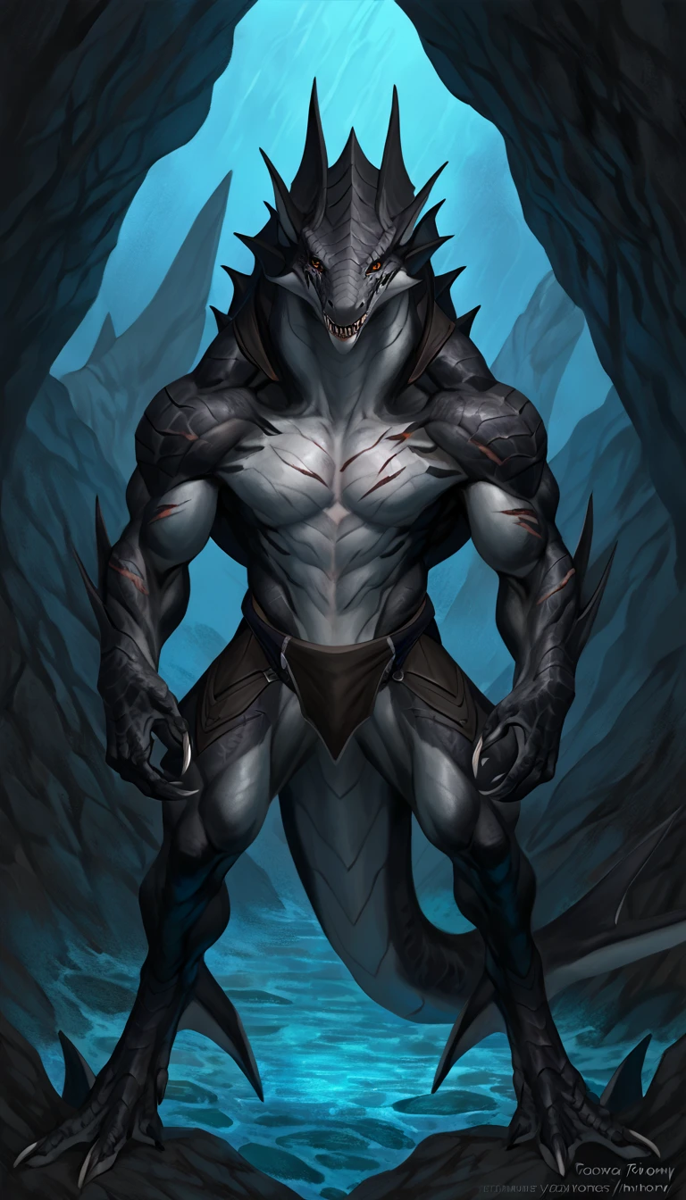 sharkfolk, anthro shark, solo, machina, scaly, detailed skin, experienced predator, monster, grin, gray body, black arms, matte body, toned, muscular anthro, big muscles, scars on body, 1male solo, anthro, muscular, thick neck, thick tail, strong arms and legs, sharp fins, pants, marked jaw, shark snout, water cave scenery, horror, best quality, 4k, ultra-detailed, by laobai, by taran fiddler, by honovy, mecha corrupted, predatory pose