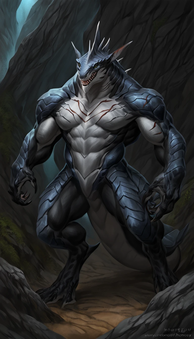 sharkfolk, anthro shark, solo, machina, scaly, detailed skin, experienced predator, monster, grin, gray body, black arms, matte body, toned, muscular anthro, big muscles, scars on body, 1male solo, anthro, muscular, thick neck, thick tail, strong arms and legs, sharp fins, pants, marked jaw, shark snout, water cave scenery, horror, best quality, 4k, ultra-detailed, by laobai, by taran fiddler, by honovy, mecha corrupted, predatory pose