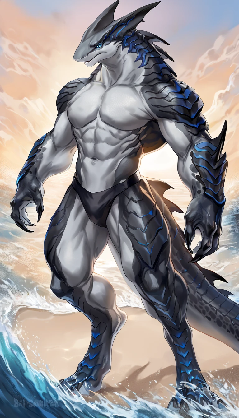 shark, anthro shark, gray belly, black and blue hands and fins, black back, solo, big arms, koholasaurus from genshin impact, lizard shark hybrid, detailed scales, proporcional body, wide chest, wide neck, marked jaw, best quality, 4k, ultra-detailed, by Buta99,  by null-ghost, by thebigslick, by laobai, detailed illustration of 4K, horror, standing at the beach, low angle view,