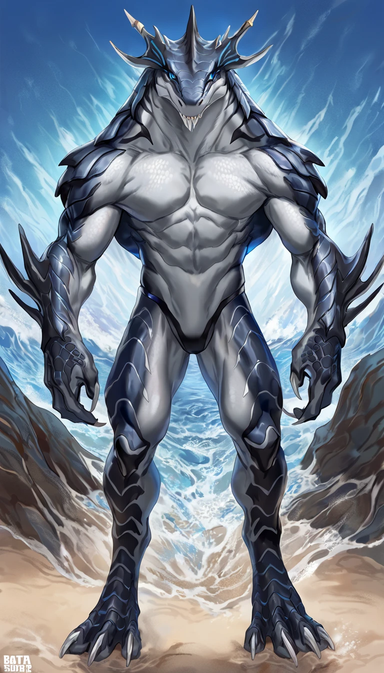 shark, anthro shark, gray belly, black and blue hands and fins, black back, solo, big arms, koholasaurus from genshin impact, lizard shark hybrid, detailed scales, proporcional body, wide chest, wide neck, marked jaw, best quality, 4k, ultra-detailed, by Buta99,  by null-ghost, by thebigslick, by laobai, detailed illustration of 4K, horror, standing at the beach, low angle view,