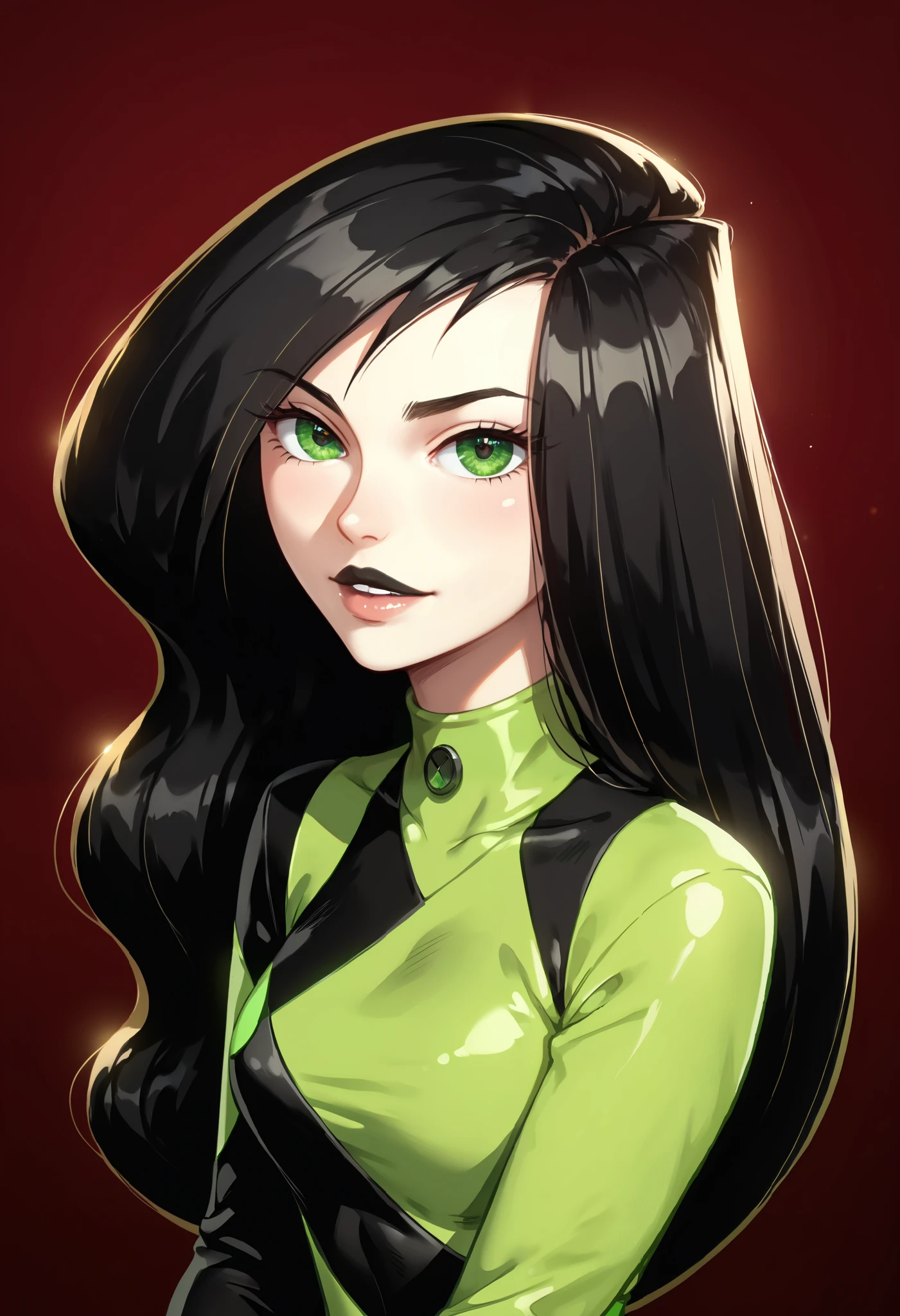 extremely detailed CG, high resolution, best quality, masterpiece, single woman, pale skin, shego (kim possible), green eyes, (beautiful detailed eyes: 1.4), black hair, black lipstick, black and green monosuit, natural pose, secret base