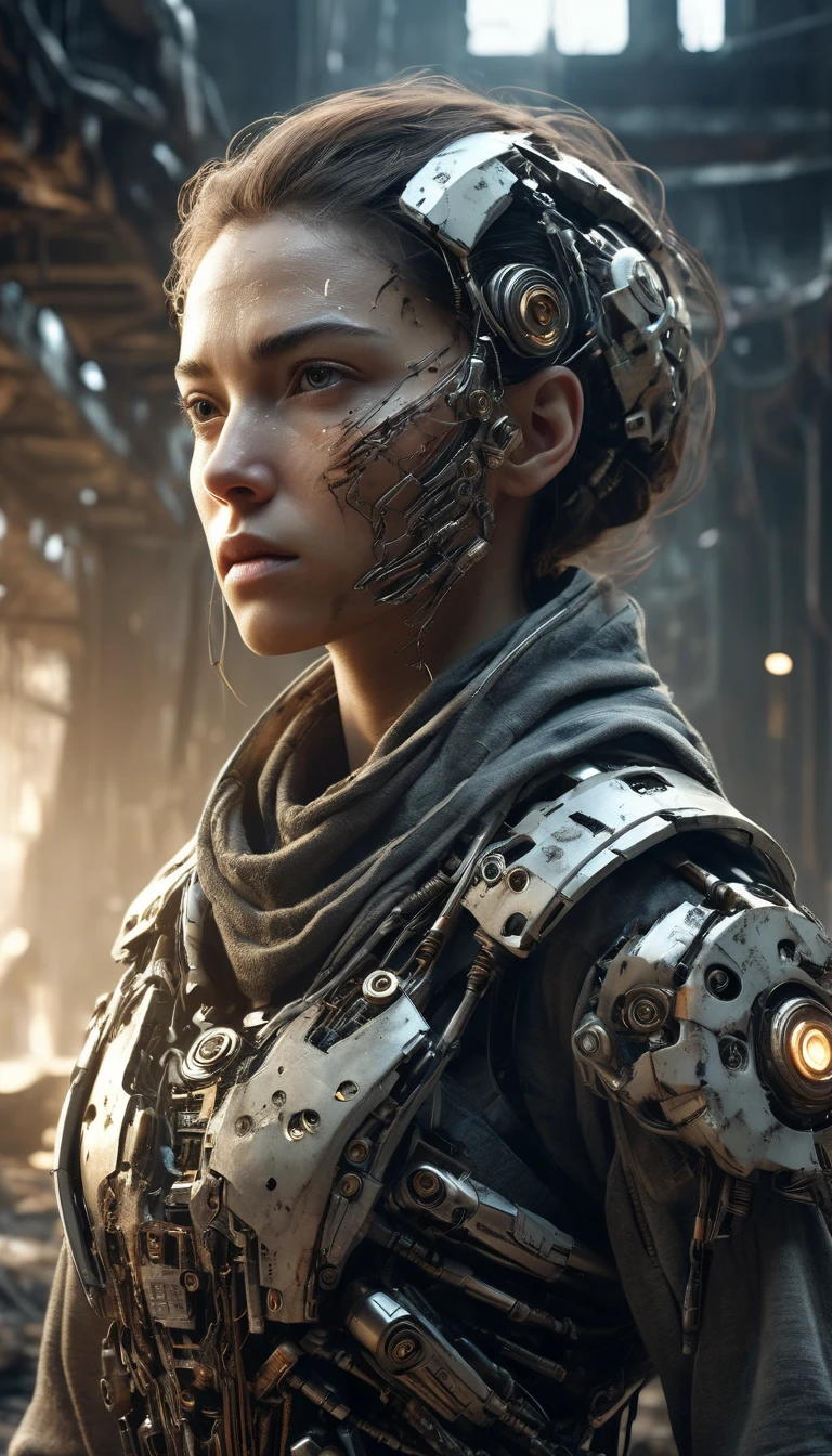 Create a cinematic image of a female cyborg with half of her face torn to reveal intricate robotic components under her skin, while the other half shows her beautiful, natural face. She is wearing a thick, rugged blanket that covers her head and drapes down to her shoulders. In her hands, she firmly holds a sophisticated, futuristic weapon with intricate details, glowing accents, and a sleek design. The setting is an abandoned, war-torn building with debris, cracked walls, and dust particles in the air, giving a sense of a post-apocalyptic battlefield. The lighting is dramatic, with soft rays of light filtering through broken windows. Her expression is one of resilience, determination, and readiness to fight, conveying strength and defiance in the face of adversity. The scene should have a cinematic, movie-like atmosphere with high detail and realistic textures