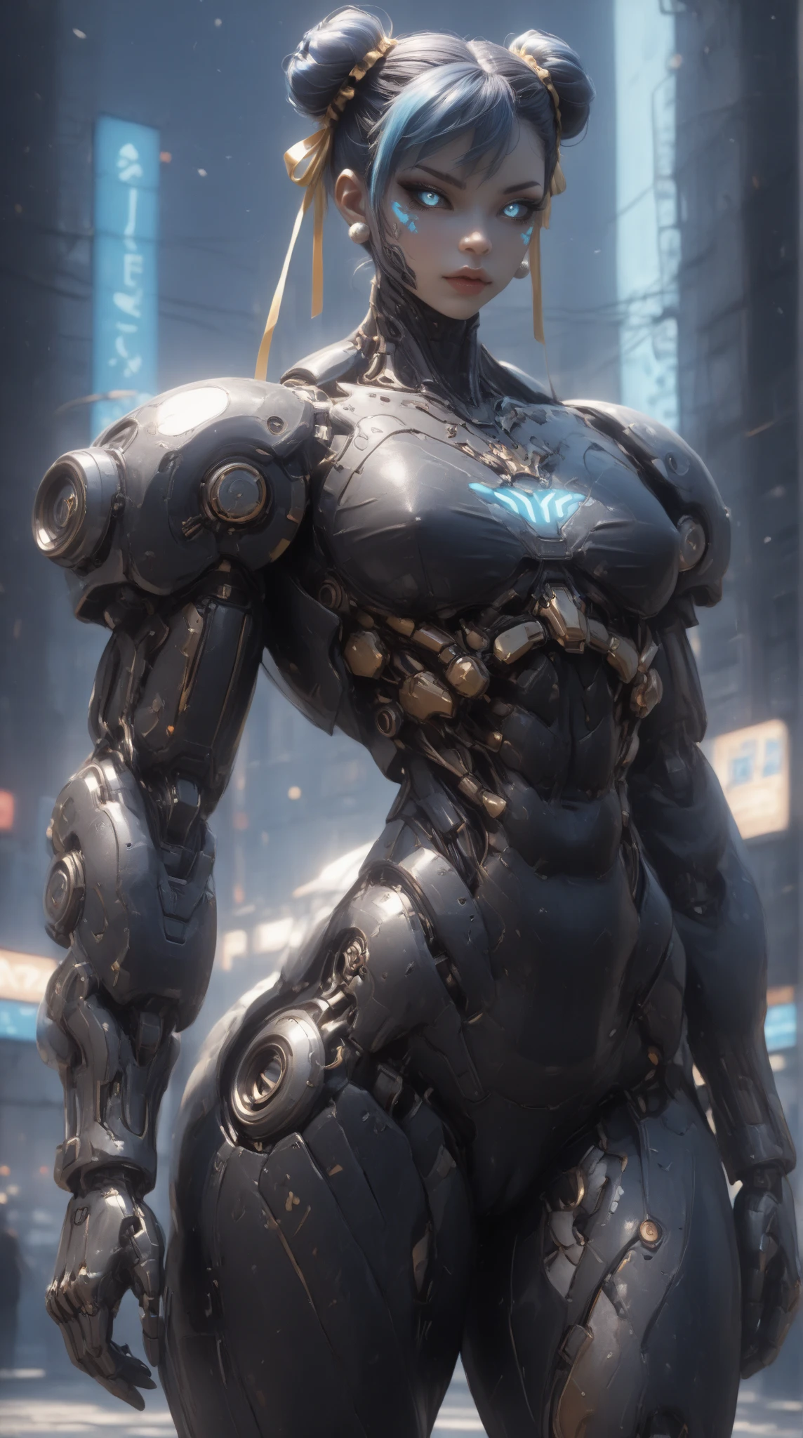 (nsfw:1), (Uncensored:1), score_9, score_8_up, score_7_up, (Three Quarters Shot), (1 girl), (Cyborg Chun-Li), beautiful teenage (skinny) muscular Asian cyborg girl, (bio-mecha:1.25), (huge upper body:1.75), (mechanical Cyborg arms:1.65), (mechanical Cyborg jaw:1.25), ((skinny waist & torso:1.5)),  (blue glowing eyes:1.25), (black sclera:1.25), (beautiful face:1.25), (flat chest:1.25), (blue glowing hair:1.25), metallic, circuits, cables, bimbo lips, 2 hair buns,  high res, standing, hand bands, hand on hip, looking to the side, camel-toe,  gothic neon style, cyber punk style, super realistic image, arm0rpunkv4, CyberRealistic_Negative_PONY