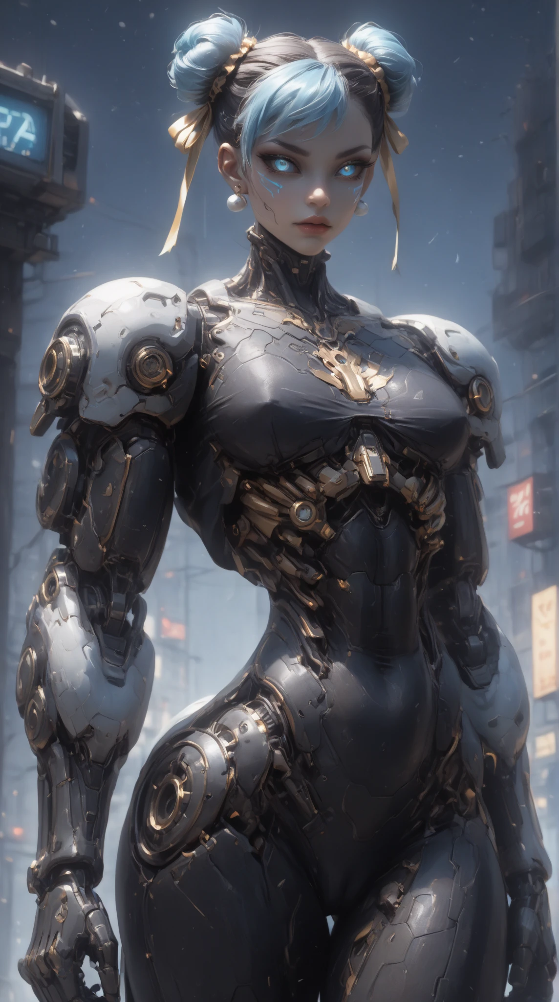 (nsfw:1), (Uncensored:1), score_9, score_8_up, score_7_up, (Three Quarters Shot), (1 girl), (Cyborg Chun-Li), beautiful teenage (skinny) muscular Asian cyborg girl, (bio-mecha:1.25), (huge upper body:1.75), (mechanical Cyborg arms:1.65), (mechanical Cyborg jaw:1.25), ((skinny waist & torso:1.5)),  (blue glowing eyes:1.25), (black sclera:1.25), (beautiful face:1.25), (flat chest:1.25), (blue glowing hair:1.25), metallic, circuits, cables, bimbo lips, 2 hair buns,  high res, standing, hand bands, hand on hip, looking to the side, camel-toe,  gothic neon style, cyber punk style, super realistic image, arm0rpunkv4, CyberRealistic_Negative_PONY