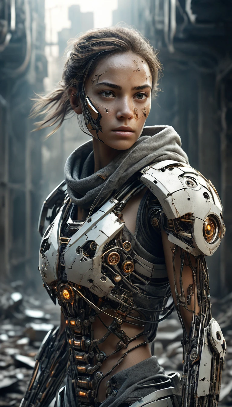 Create a cinematic image of a female cyborg with half of her face torn to reveal intricate robotic components under her skin, while the other half shows her beautiful, natural face. She is wearing a thick, rugged blanket that covers her head and drapes down to her shoulders. In her hands, she firmly holds a sophisticated, futuristic weapon with intricate details, glowing accents, and a sleek design. The setting is an abandoned, war-torn building with debris, cracked walls, and dust particles in the air, giving a sense of a post-apocalyptic battlefield. The lighting is dramatic, with soft rays of light filtering through broken windows. Her expression is one of resilience, determination, and readiness to fight, conveying strength and defiance in the face of adversity. The scene should have a cinematic, movie-like atmosphere with high detail and realistic textures