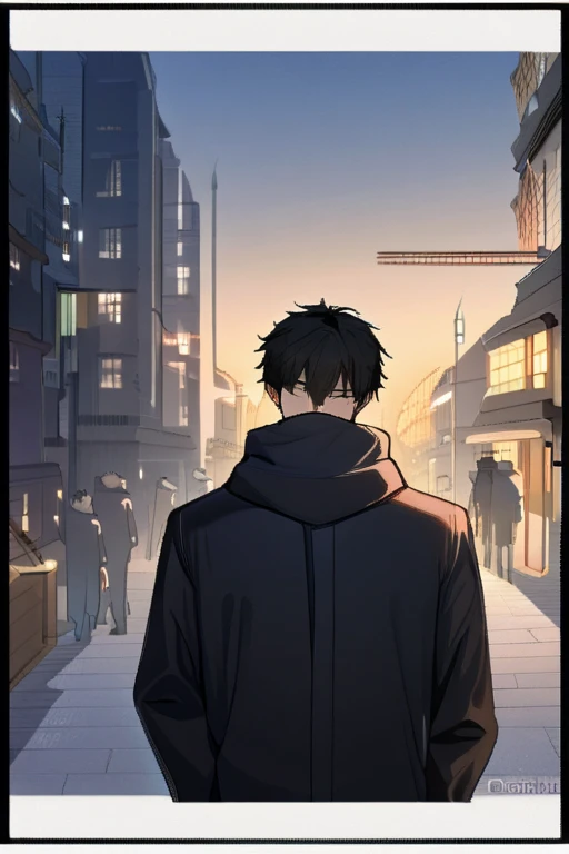 (( top quality )), ((masterpiece)), (  Details), Over the shoulder of the brown-haired boy the black-haired boy,A boy with a brown,A boy with a black hair,  scarf,bustling street,dusk,rule of thirds,slim,student,black hair,Two people meet,winter