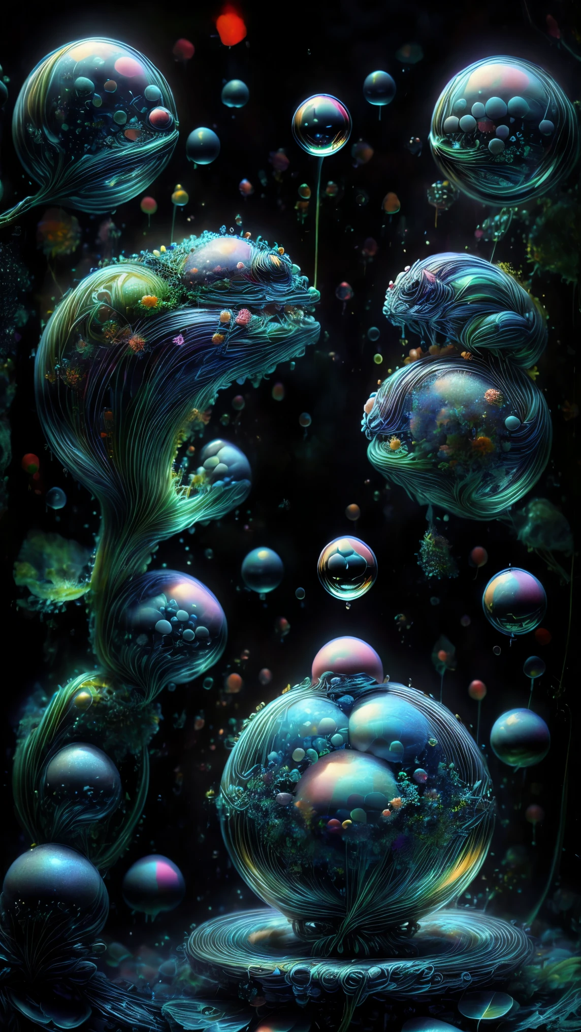 In this dimension colors and shapes change constantly. Psychedelic patterns will appear and disappear or change without warning. Space and time can warp into an optical illusion put through a colidoscope reflected in a funhouse mirror. Reality will bend and twist and spiral out of control here. The sky itself will be change from one neon color to another and will even change textures. The water will change color and thickness and then sometimes change into blood. The water sonetimes takes on a different shape and can join together and lift itself up and away at will. In the end all objects end up perfectly symmetrical spheres 9rbs and bubbles and levitate and orbit around each other. Photorealistic UHD, realism,realistic as hell, cinematic photograph, cinematic portrait,cinematic lighting,cinematography, portrait photography, hyper reality, attention to detail,full focus, nature morphism, crystal,bubble morphism, glass and water morphism,best quality, masterpiece.