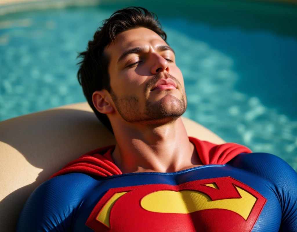 full body shot of a muscular attractive Zafer, illuminated by bright, natural light, shirtless, wearing a Superman suit, eyes closed, dressed with a Superman costume lying on back on water, relaxing. Outdoor thermal pool. Mental health concept