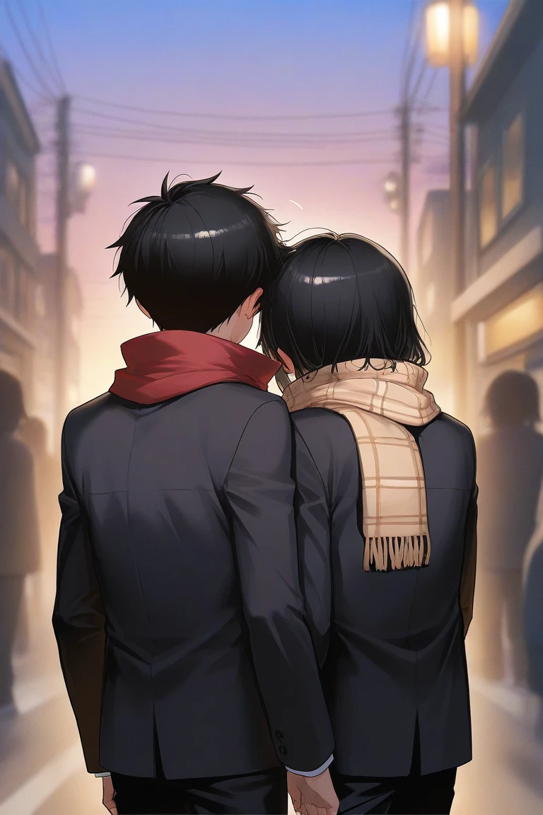 (( top quality )), ((masterpiece)), (  Details), Over the shoulder of the brown-haired boy the black-haired boy,A boy with a brown,A boy with a black hair,  scarf,bustling street,dusk,rule of thirds,slim,student,black hair,Two people meet,winter