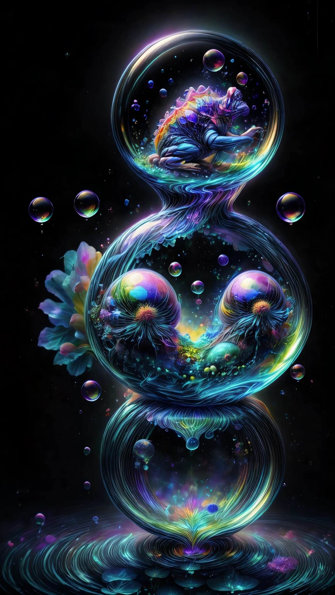 In this dimension colors and shapes change constantly. Psychedelic patterns will appear and disappear or change without warning. Space and time can warp into an optical illusion put through a colidoscope reflected in a funhouse mirror. Reality will bend and twist and spiral out of control here. The sky itself will be change from one neon color to another and will even change textures. The water will change color and thickness and then sometimes change into blood. The water sonetimes takes on a different shape and can join together and lift itself up and away at will. In the end all objects end up perfectly symmetrical spheres 9rbs and bubbles and levitate and orbit around each other. Photorealistic UHD, realism,realistic as hell, cinematic photograph, cinematic portrait,cinematic lighting,cinematography, portrait photography, hyper reality, attention to detail,full focus, nature morphism, crystal,bubble morphism, glass and water morphism,best quality, masterpiece.