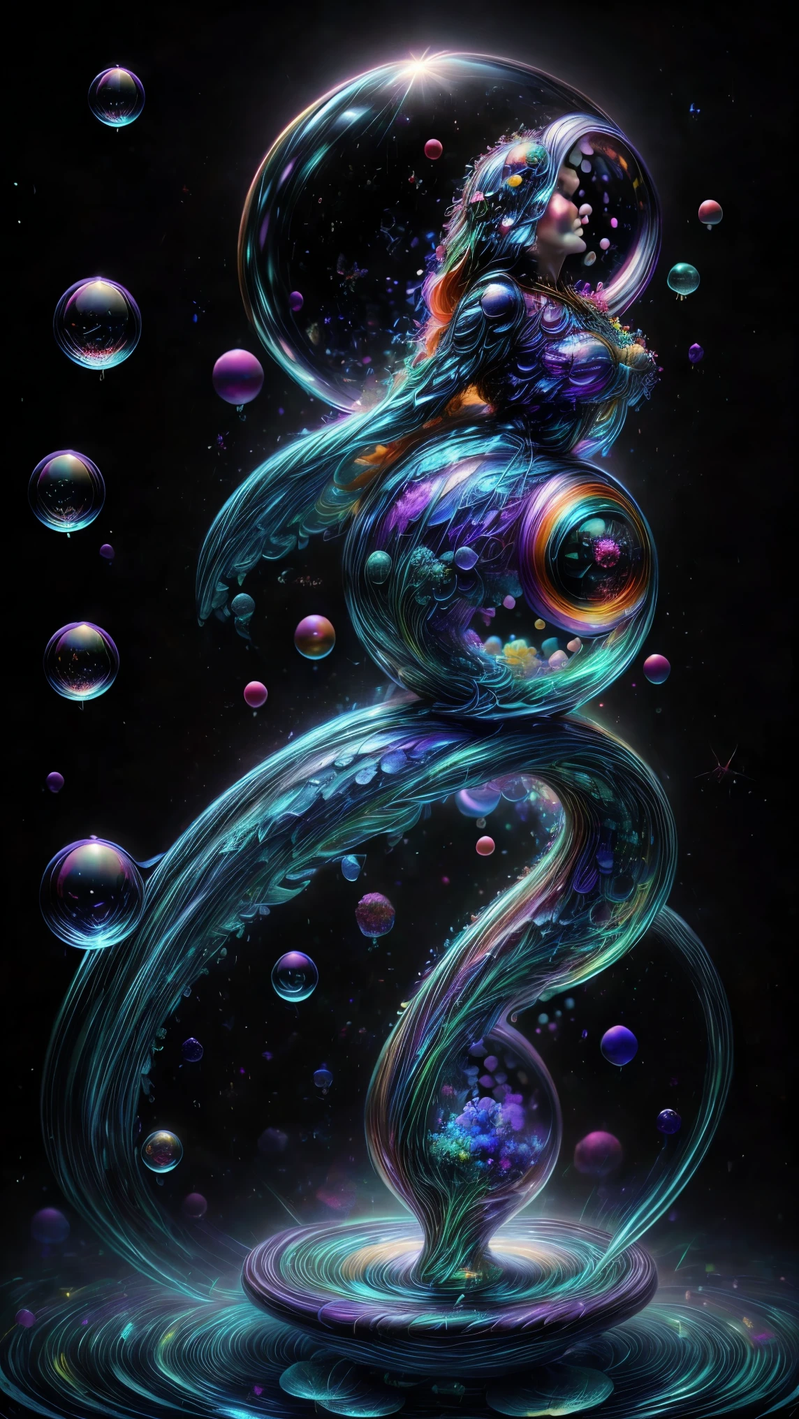 In this dimension colors and shapes change constantly. Psychedelic patterns will appear and disappear or change without warning. Space and time can warp into an optical illusion put through a colidoscope reflected in a funhouse mirror. Reality will bend and twist and spiral out of control here. The sky itself will be change from one neon color to another and will even change textures. The water will change color and thickness and then sometimes change into blood. The water sonetimes takes on a different shape and can join together and lift itself up and away at will. In the end all objects end up perfectly symmetrical spheres 9rbs and bubbles and levitate and orbit around each other. Photorealistic UHD, realism,realistic as hell, cinematic photograph, cinematic portrait,cinematic lighting,cinematography, portrait photography, hyper reality, attention to detail,full focus, nature morphism, crystal,bubble morphism, glass and water morphism,best quality, masterpiece.