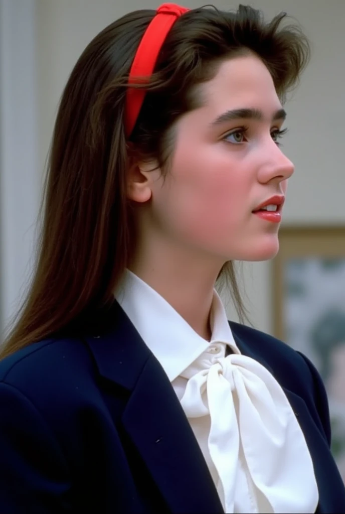 (very realistic photography),(masterpiece, best quality:1.3), 1girl, (alone), from just her side, her beautiful profile,
((young Jennifer Connelly)),(at ******),
she wear in tidy dark blue high school blazer uniform and immaculate white blouse with large white ribbon tie.,
she wears a vivd red hair band., 
with cute face with plump cheeks, 
scooped nose arched high with a turned-up tip,
no make up,
the whiteness of her skin is accentuated.,  
flawless healthy youthful fresh succulent fine smooth white skin,
with precocious female body with precociously large blreasts and broad wide shoulders, 
Jennifer Connelly's unique and beautiful face is recreated.,
a bit wet shiny long dark hair,
(She is tucking her hair behind her ear.),
She is in a hotel room with bright natural light illuminating on her beautiful face.,