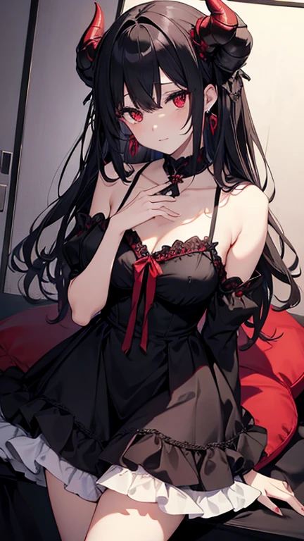woman、beautiful girl、Black Hair、Long twin-tailed hair、Holding a black rose、Black Dress、Lying on a white bed、A bed studded with black roses、I can see the red full moon from the window、Gothic atmosphere