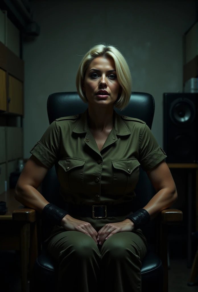 A cinematic photo,a 45 years old woman,she has blonde short hair,she is a soldier,she has the soldier uniform,she is trapped in a chair with bondages(BDSM),they napper her,she is scared