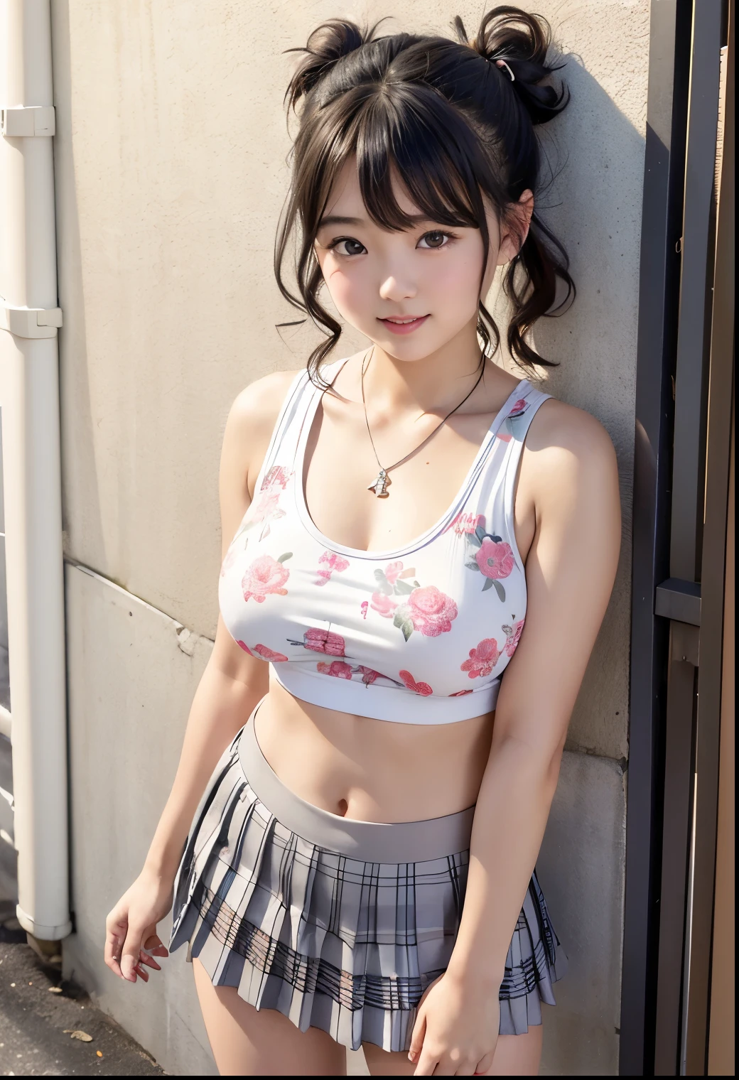 ( top quality ,masterpiece:1.3, super high resolution ),( very detailed、 caustics) ( realistic :1.4, RAW shooting、)Ultra- realistic Capture、 very detailed、 natural skin texture、masterpiece、(Japanese wearing a printed tank top and pleated skirt:1.3)、 cute expression 、Expression of happiness、、: 、baby face、 innocent gingly cute、 twin tail hairstyle、Curly Hair、ribbon、 black hair、 Big Breasts、Shining thighs、Shining Ass、 necklace、Stand leaning against a street corner wall、Background details、smile、 invite a gaze、( anatomically accurate)、 cowboy shot、 attention to detail、Panties exposed、