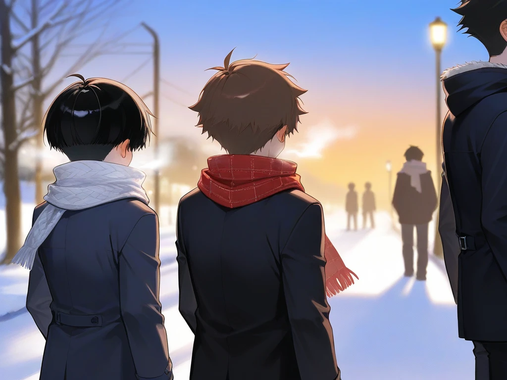 (( top quality )), ((masterpiece)), (  Details),A boy with a brown, A boy with a black hair,  scarf,bustling street,dusk,rule of thirds,slim,student,Two people meet, winter, Over the shoulder of the brown-haired boy the black-haired boy