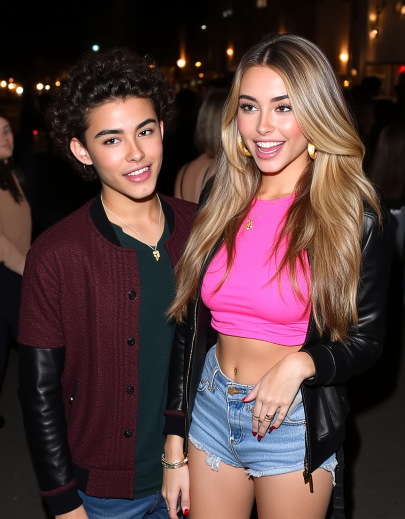 full body photo from the distance, 2 people photo shooting looking at viewer, laughing, friends having fun, being goofy, hot, 1 thin good looking rockstar American male 25 years old with medium length curled black hair with dark red wool college jacket and black leather sleeves, with dark green sweater and blue jeans, small pink plectrum necklace, gorgeous woman with long blonde hair, looking at viewer seductively smiling, Zurich at night background, tight pink latex shirt big boobs, black leather jacket, short jeans pants, high heels, sexual, jewelry, big gold hoop earrings, parted lips, midriff, pants, necklace, bracelet, lips, realistic, midriff peek, professional Photography, Photorealistic, detailed eyes, RAW, analog, sharp focus, 8k, HD, DSLR, high quality, Fujifilm XT3, film grain, award winning, masterpiece,