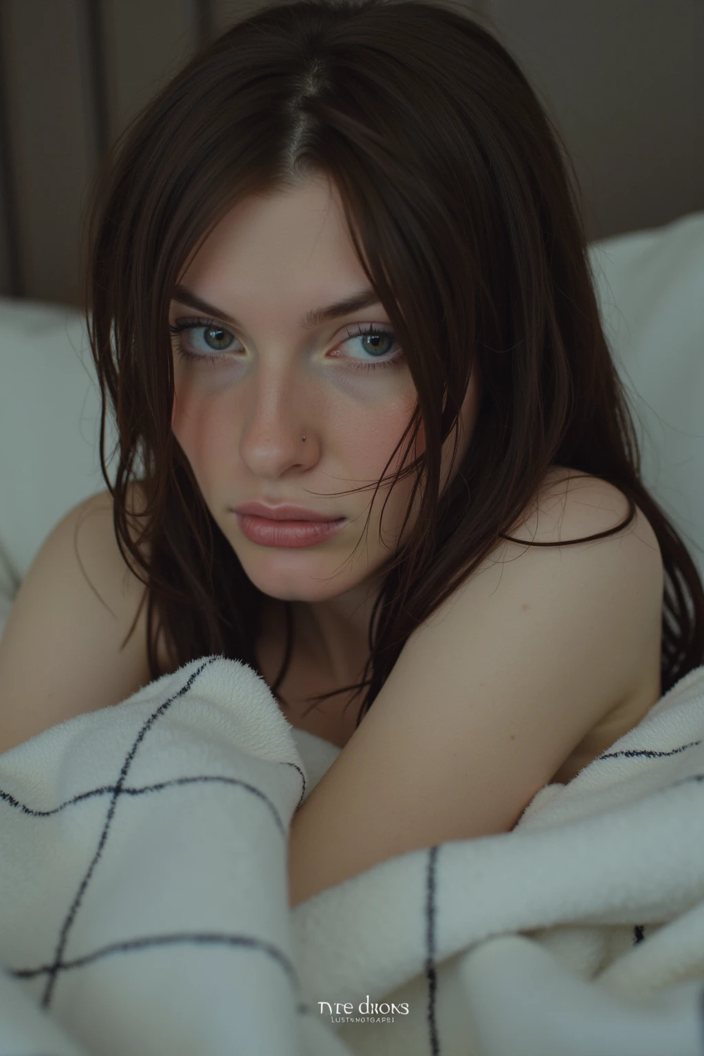 carlycoplin. The photograph captures a young woman with pale skin and long, wet, dark brown hair that falls over her shoulders and face. She has a slender build and a petite frame, with a subtle, delicate jawline and full lips. Her piercing blue eyes gaze directly at the camera, giving a sense of vulnerability and intimacy. She is lying on a bed, partially covered by a white, textured blanket with a subtle grid pattern, which adds a tactile, almost rough texture to the image.