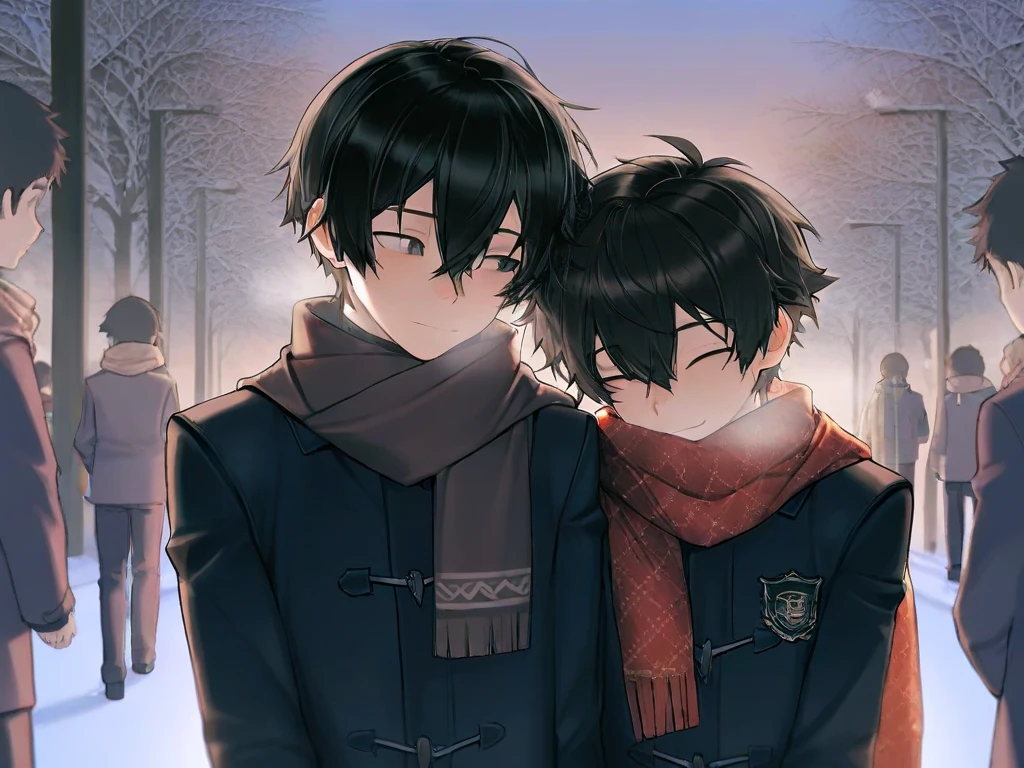 (( top quality )), ((masterpiece)), (  Details),A boy with a brown, A boy with a black hair,  scarf,bustling street,dusk,rule of thirds,slim,student,Two people meet, winter, Over the shoulder of the brown-haired boy