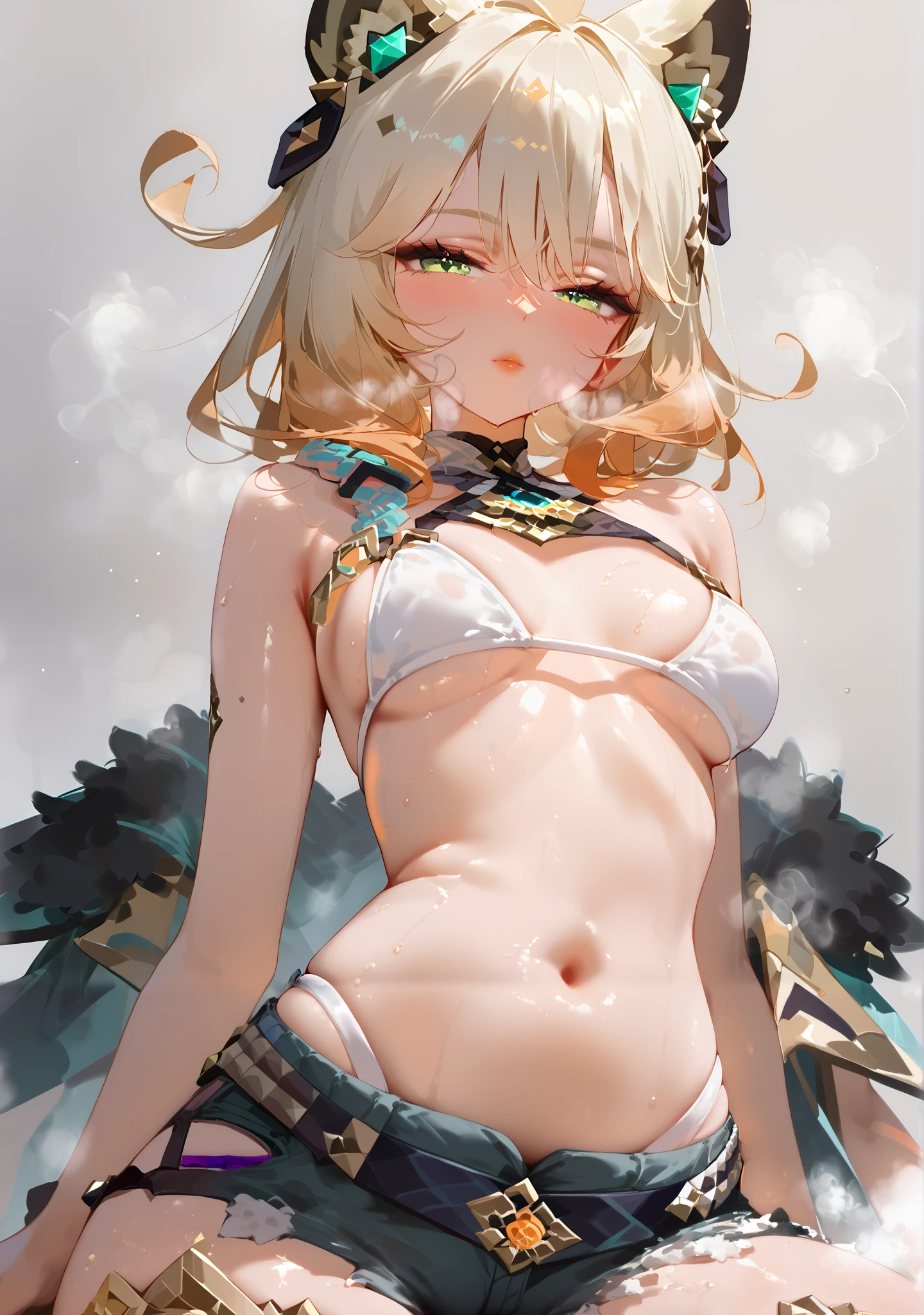 score_9, score_8_up, score_7_up, 1 woman, Xilonen_(genshin_impact), (high detailed face and clothes), flood style, steam, steaming body, (random sexy pose), sweat, high resolution, deep breath, grey background, solo, blush, (small puffy breasts,revealing thigh bikini), sexy xilonen in white bikini and blue short shorts,
