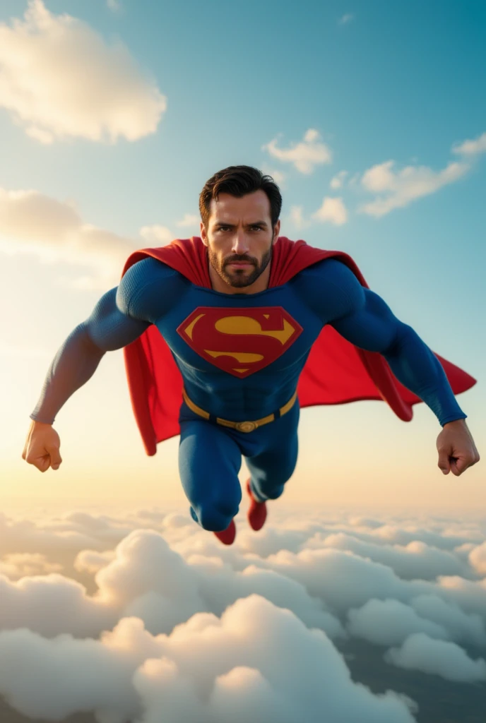 Zafer, wearing a classic superman suit, flying through the sky